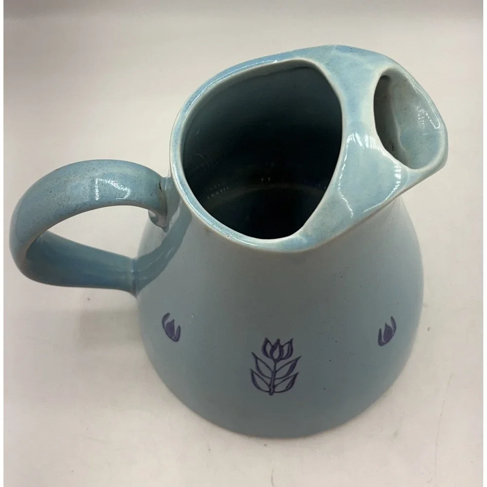 Vintage USA Ceramic Ice Lip Pitcher Light Blue with Dark Blue Tulips Stoneware